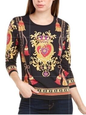J. McLaughlin Black Baroque-Print Long Sleeve Tee with Gold and Red Accents